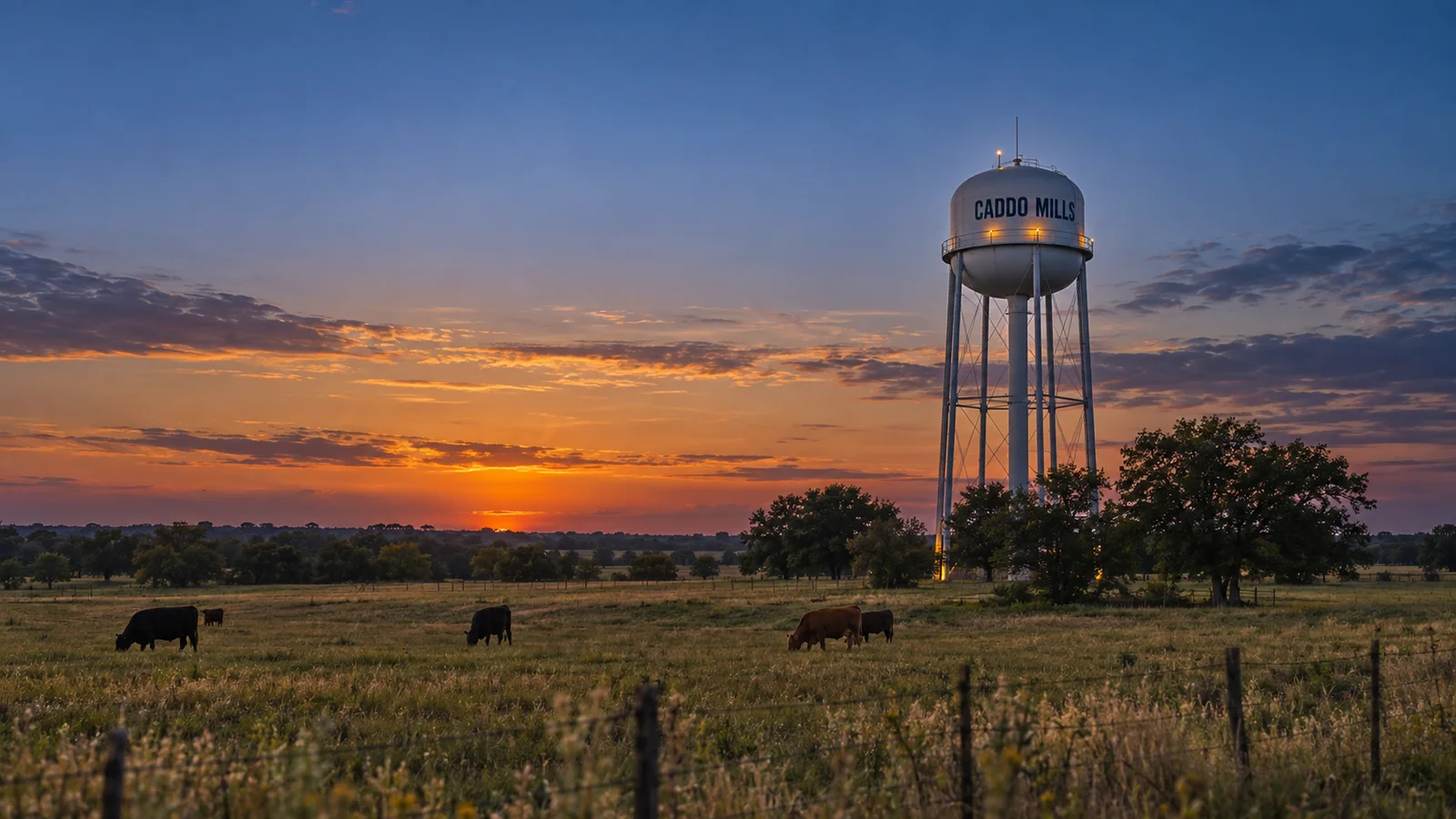 Caddo Mills water tower above a Texas pasture at sunset